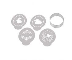 Dr. Oetker Ei-Ausstecher inkl. 4 Deko-Schablonen aus der Serie Goldiges Ostern, Keks- und Plätzchenform (Farbe: Silber, Weiß), Menge: 1 x 5er Set