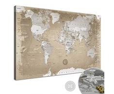 LANA KK - Weltkarte Leinwandbild mit Korkrückwand zum pinnen der Reiseziele – „Weltkarte Natur” - deutsch - Kunstdruck-Pinnwand Globus in braun, in 100x70cm
