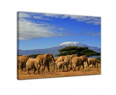 Kunstdruck - Elefanten am Kilimandscharo - Bild auf Leinwand - 50 x 40 cm - Leinwandbilder - Bilder als Leinwanddruck - Tierwelten - Natur - Afrika - Elefantenherde auf Wanderung