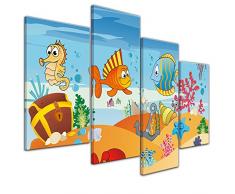 Wandbild - Kinderbild Unterwasser Tiere VII - Bild auf Leinwand - 120x80 cm vierteilig - Leinwandbilder - Kinder - versunkenes Schiff mit Piratenschatz - Krabbe, Seepferdchen und Fische - fröhlich