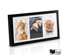 bomoe Bilderrahmen Galeria für 3 Fotos 10x15 cm - Fotorahmen aus Holz, Plexiglas, Metall-Aufhängung, Aufsteller & Passepartout Multirahmen für Bilder Collagen - Schwarz