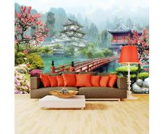 wandmotiv24 Fototapete Asien Dorf Japan S 200 x 140cm - 4 Teile Fototapeten, Wandbild, Motivtapeten, Vlies-Tapeten Bonsai-Baum, Kirschblüte, Fresko M1072