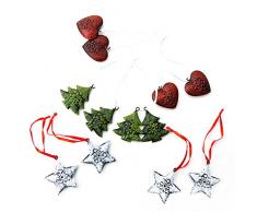 12 kleine Metallanhänger in rot weiß grün Weihnachtsanhänger BAUM HERZ STERN rustikal vintage nostalgisch mit Schnur Baumschmuck Christbaumschmuck aus Blech zum Aufhängen an Weihnachten