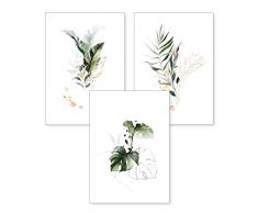3-teiliges Premium Poster-Set | Kunstdruck | Botanik grün | Blätter | Deko Bild für Ihre Wand | optional mit Rahmen | Wohnzimmer Schlafzimmer Modern Fine Art | DIN A4 / A3 (A4, ohne Rahmen)