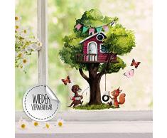 ilka parey wandtattoo-welt Fensterbild Baum Baumhaus Otter Eichhörnchen Schmetterlinge -wiederverwendbar- Fensterdeko Fensterbilder Frühling Deko Dekoration bf116