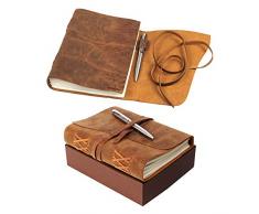 LEDER NOTIZ-TAGEBUCH GESCHENKSET A5 Handgefertigtes Schreibheft 20x15cm unliniert, Vintage Ledernotizbuch für Männer und Frauen, tolles Geschenk mit Box, Stifthalterung und Luxus Kugelschreiber