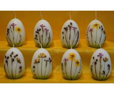 Eikerzen mit echten Blumen, 8 Stk. Handgestaltete Osterkerzen, mittel Höhe 8,5 cm