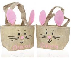 2 x Tasche Hase Ostern Geschenktüten rosa Osterhase Stoff Stroh Tüten Osterkorb Ostertüte Hasenmotiv Verpackung Ostergeschenke selber befüllen Osternest Ostergras Kinder Erwachsene Geschenk 2er Set