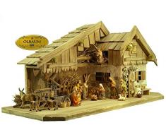 BTV ÖLBAUM-Krippe + Dekomit Zubehör KA70-gg-MF-SKR Historische Weihnachtskrippe,mit GRANITBRUNNEN Wassergrand + Premium-DEKOSET Krippenstall,Massivholz GEBEIZT (auf alt gemacht) -