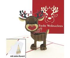 Handgemachte 3D Pop Up Weihnachtskarte mit Umschlag – Rentier Klappkarte – Ausgefallene Karte zu Weihnachten mit extra Geld-/Gutschein-Kuvert