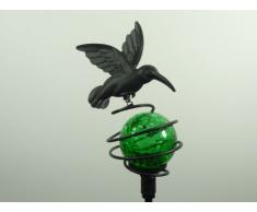 Wunderschöner Kolibri auf einer grünen Glaskugel mit Solar LED Licht Palma mit Erdspieß, 1 x LED