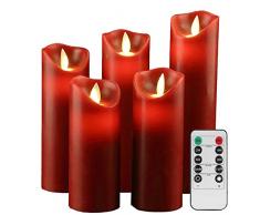 LED Kerzen,Flammenlose Kerzen 12/15/17/20/22CM Set aus 5 Echtwachs mit realistischen tanzenden LED Flammen und 10-Tasten Fernbedienung mit 2/4/6/8-Stunden Timer,300+ Stunden-YIWER (Rot, 5×1)