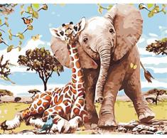 WATAKA DIY Malen Nach Zahlen für Erwachsene und Kinder Vorgedruckt Leinwand-Ölgemälde Kits Home Haus Dekor mit MEHRWEGVerpackung - Giraffe und Elefant 16 x 20 Inch