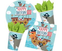 37-teiliges Party-Set * AHOY * für Kindergeburtstag mit Teller + Becher + Servietten + Deko | AHOI Krake Hai Kinderpiraten Pirat Seeräuber Schatzsuche Kinder Geburtstag Mottoparty Motto