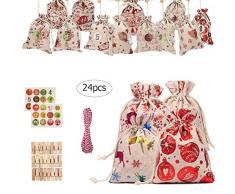 Heylas DIY-Weihnachtssäckchen Stoffbeutel zum Befüllen, 24 Stoffsäckchen zum Selber Basteln und Aufhängen, Deko weihnachtskalender jutebeutel Kette zum Selberfüllen