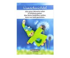 Wichtel Arts Wunschwichtel Glücksbringer, Holz, Grün mit Blauer Blume, 15 x 10.5 x 2.7 cm