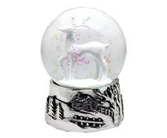 20054 Schneekugel REH weiß mit Silber-Sockel Landschaft mit Spieluhr