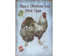 Retro Tin Posters Happy Hühner legen mehr Eier, Hahn Metall blechschild, Vintage Style Wandbild Ornament Kaffee & Bar Decor, Größe 20,3 x 30,5 cm