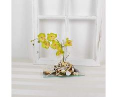 Tischgesteck auf Glasteller mit gelber Orchidee, ganzjährige Deko, Gesteck