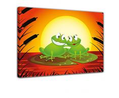 Kunstdruck - Kinderbild Verliebter Frosch Cartoon - Bild auf Leinwand - 40x30 cm - Leinwandbilder - Bilder als Leinwanddruck - Wandbild von Bilderdepot24 - Kinder - Liebe - Romantik - Teich im Sonnenuntergang