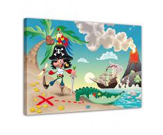 Kunstdruck - Kinderbild Pirat auf Insel Cartoon - Bild auf Leinwand - 40x30 cm - Leinwandbilder - Kinder - Abenteuer - Schatzinsel - Schatzsuche