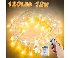 Lichterkette Batterie, 12M 120 LED USB Lichterkette mit Fernbedienung und Timer 8 Modi Dimmbar Batterie betrieben Lichterkette Außen Innen für Zimmer Weihnachten Weihnachtsbaum - Warmweiß