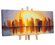 YS-Art | Acryl Gemälde Sonnenstadt | Handgemalte Leinwand Bilder | 115x50cm | Wandbild Acrylgemälde | Moderne Kunst | Leinwand | Unikat | Orange