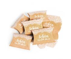 10 Stück kleine Geschenkbox Geschenkschachtel SCHÖN DASS DU DA BIST beige creme SPITZE natur hell-braun weiß 14,5 x 10,5 Verpackung Schachtel Tischkarte Hochzeit Geburtstag Gastgeschenk give-away