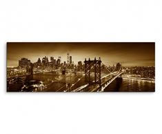 150x50cm Wandbild Panorama Fotoleinwand Bild in Sepia New York -city Sonnenaufgang Manhattan Brooklyn- Brücke