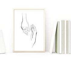 Din A4 Kunstdruck ungerahmt - Hand Hände - Abstrakt Minimalistisch Zeichnung schwarz weiß Moderne Kunst Druck Poster Bild