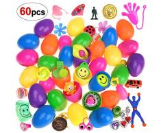 Howaf 60 Set bunt Ostereier Kunststoff mit kleinspielzeug Geschenke für Kinder, Geburtstag Mitgebsel, Osternest Füllstoff