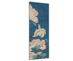Keilrahmenbild Katsushika Hokusai Pfingstrosen und Kanarienvogel - 40x120cm hochkant - Alte Meister Berühmte Gemälde Leinwandbild Kunstdruck Bild auf Leinwand