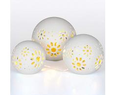 Gadgy ® Set von 3x Led Kugel Deko Licht l Inklusive 24 LED Lichterkette l Handgefertigt l Keramikkugeln mit Perforation l Schatteneffekt l Ø 8/10/12 cm