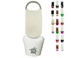 ebos Kuhglocke ✓ mit Filzriemen ✓ Größe 3 ✓ Schlüsselanhänger | fob Key | Schelle | (Weiß mit Edelweiß)