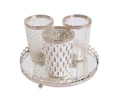 Home&Decorations 3er Windlichtset Teelichtglas mit Spiegelplatte Teelichthalter Kerzenglas Windlicht Glas Kerzentablett (Weiß) Antik