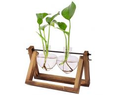 ANBET Hydroponik Glasvase mit Vintage-Holzständer und Metallrotierstab Herzform Pflanze Bulb Vase Hängevase Tischvase Dekovase für Hydroponics Home Garden Office Dekoration(2 Vasen)