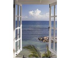 Artland Glasbilder Wandbild Glas Bild einteilig 60x80 cm Hochformat Strand Meer Küste Palmen Ausblick Natur Fensterblick Maritim Blau T9II