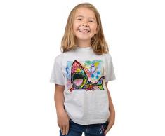 Hai-Motiv Kindershirt - Kunstdruck Hai - buntes Haishirt für Kinder : Shark - Tiermotiv Hai Kinder T-Shirt Gr: M = 134-140