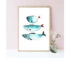 Din A4 Kunstdruck ungerahmt - Fisch Fische Trio Meerestier Maritim Aquarell, Naive Malerei, Türkis, Grün Deko, Badezimmer Geschenk Druck Poster Bild