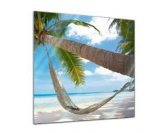 Bilderdepot24 Glasbild Palme - Hängematte 20 x 20 cm - Deko Glas - brilliante Farben, inkl. Aufhängung