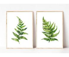 Kunstdruck Din A4 ungerahmt 2-teilig - Aquarell Farn Adlerfarn Blatt Pflanze Natur Grün Romantik Druck Poster Bild