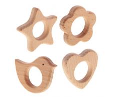 Baoblaze 4psc Blumen Stern Vogel Herzform Natur Holz Baby Beißring DIY Greifen Spielzeug