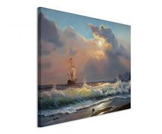 Paul Sinus Art 120x80cm Leinwandbild auf Keilrahmen Ölgemälde Strand Meer Wellen Segelboot Wolken Wandbild auf Leinwand als Panorama