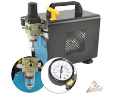 AIRBRUSH SET Compact Set I mit 6* TATTOO und 4* FARBEN KIT mit sehr leisem AIRBRUSH KOMPRESSOR, UNIVERSAL AIRBRUSH PISTOLE DOUBLE ACTION inkl. 3 Düsen + Nadeln + Fliesbecher + Glas und Druckluftschlauch integr. 2 fach Airbrush HALTERUNG