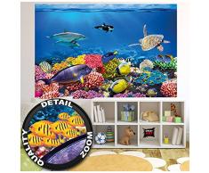 GREAT ART XXL Poster Kinderzimmer – Aquarium – Wandbild Dekoration Unterwasserwelt Meeresbewohner Ozean Fische Delphin Schildkröte Korallenriff Wandposter Fotoposter Bild (140 x 100 cm)