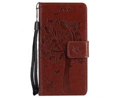 Karomenic kompatibel mit Samsung Galaxy A3 2017 PU Leder Hülle Katze Baum Prägung Handyhülle Brieftasche Silikon Schutzhülle Klapphülle Ledertasche Ständer Wallet Flip Case Schale Etui,Brown#