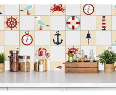 Graz Design® Fliesenfolie selbstklebend Dekofliesen Anker Möwe Schiff Glocke Krabbe Kompass (15x15cm // Set 10 Stück)
