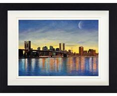 1art1 New York - Brooklyn Bridge Bei Morgenröte Mit Skyline Gerahmtes Bild Mit Edlem Passepartout | Wand-Bilder | Kunstdruck Poster Im Bilderrahmen 40 x 30 cm