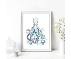 Din A4 Kunstdruck ungerahmt - Krake Tintenfisch Oktopus Meerestier Ozean Maritim Aquarell, blau Deko, Badezimmer Geschenk Druck Poster Bild