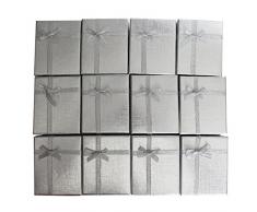 Schmuck Geschenkbox (12 Teiliges) - (8,5x6,5x2,5cm) Geschenkbox mit Schaumstoffpolster - Präsentation Geschenkbox mit Schleife und Band Design für Halsketten, Armbänder, Ringe und Ohrringe (Silber)